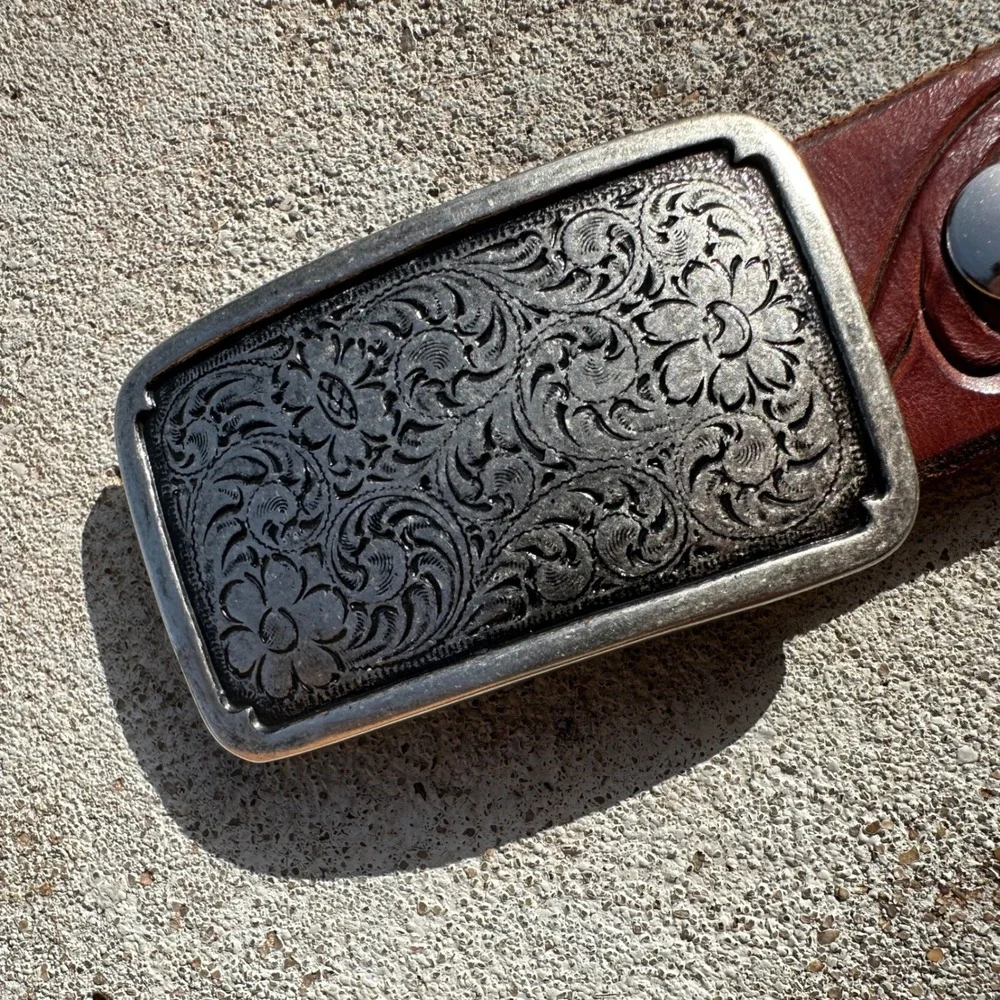 J.W. Jao Saddlery Brown Tooled Leather Belt Pink Rhinestone Floral Buckle